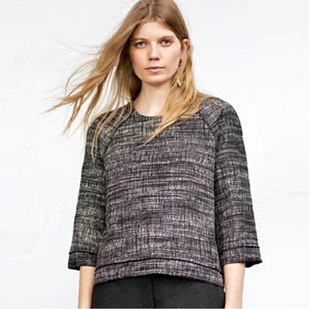 Zara Basic Monochrome Textured Tweed Zipper Back 3/4 Sleeve Blouse Size Medium